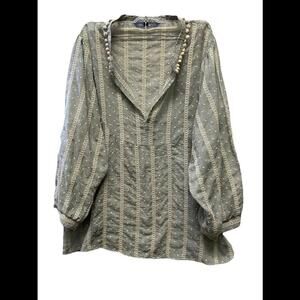 Zara Womens Embroidered V-Neck 3/4th Sleeve Peasant Top Blue-Gray Sz L *READ*